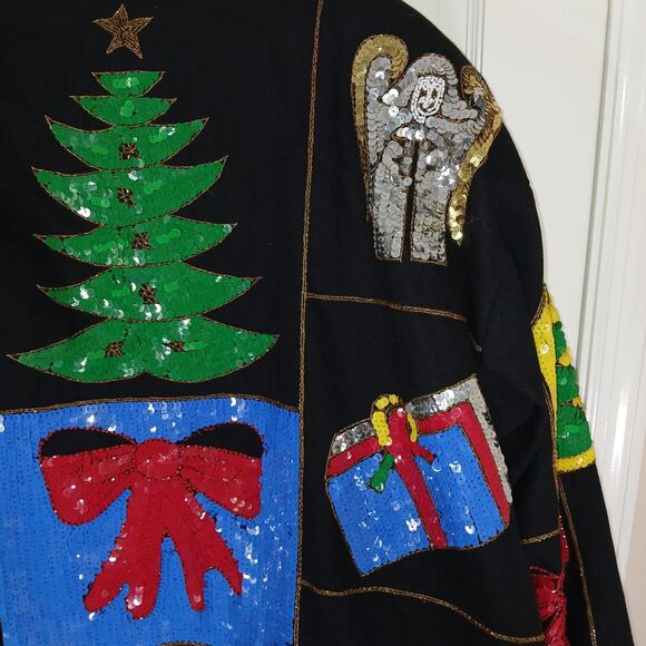 VINTAGE MODI DENIM Sequin Christmas Holiday Ugly Sweater Jacket L 10/12 80s 90s - Picture 14 of 16